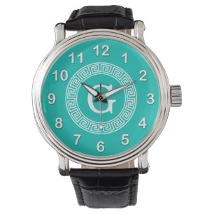 Teal White Greek Key Round Frame Initial Monogram Watch