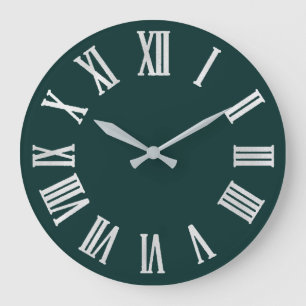 Teal White Grey Metallic Silver Roman Numbers Large Clock