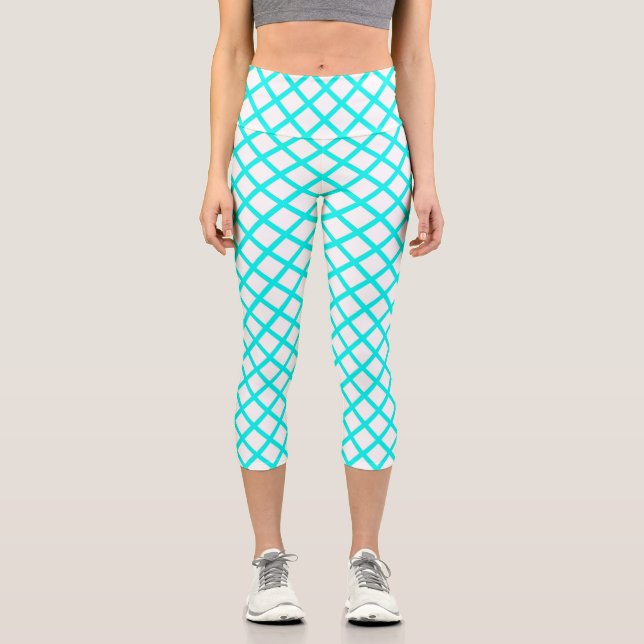 Teal White Harlequin Diamond Stripes Pattern Capri Leggings (Front)