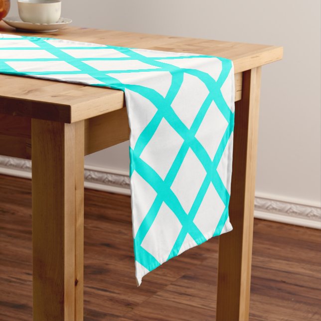 Teal White Harlequin Diamond Stripes Pattern Medium Table Runner (In Situ)