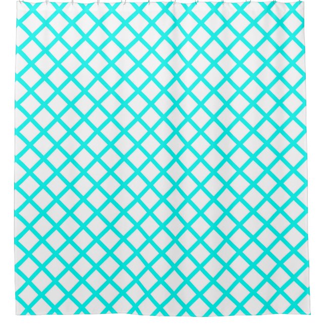 Teal White Harlequin Diamond Stripes Pattern Shower Curtain (Front)