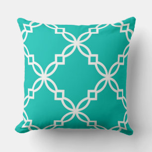 Teal White Large Fancy Quatrefoil Pattern Cushion