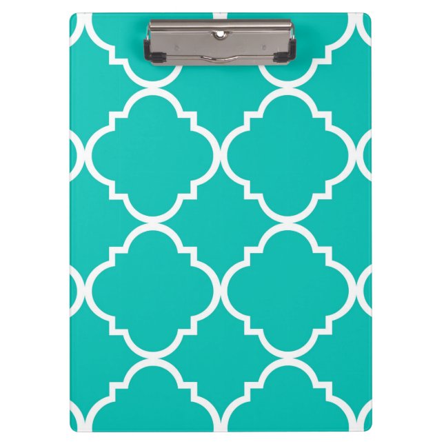 Teal White Large Quatrefoil Pattern Clipboard (Front)