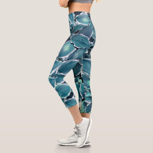 Teal & White Leaves Capri Leggings