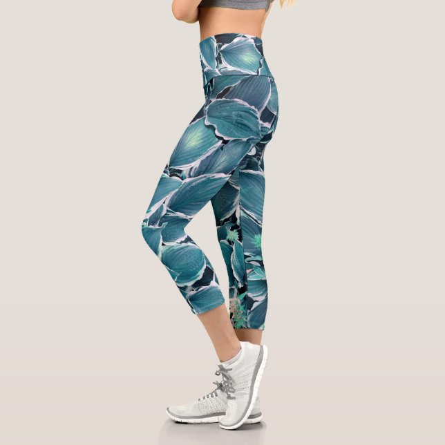 Teal & White Leaves Capri Leggings (Left)