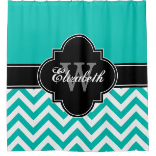 Teal White LG Chevron Black 1ICBR Name Monogram Shower Curtain