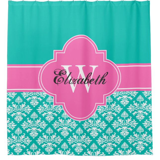 Teal White LG Damask #3 CB1IR Hot Pink Monogram Shower Curtain (Front)