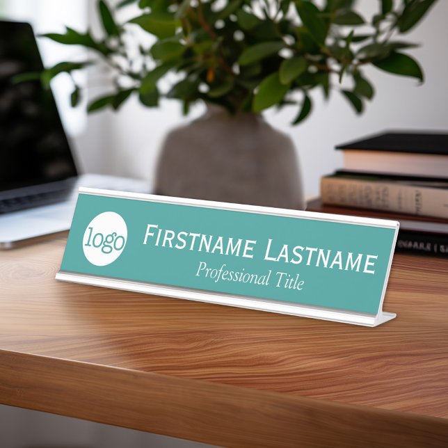 Teal & White - Logo, Name, Professional Title Desk Name Plate (Custom Nameplate - Add Name and Title for Executive Sign or customize in the design area)