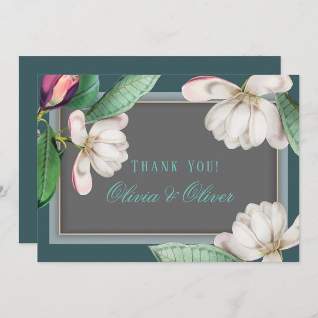 Teal White Magnolia Flower Southern Thank You Card (Front/Back)