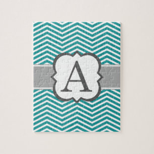 Teal White Monogram Letter A Chevron Jigsaw Puzzle