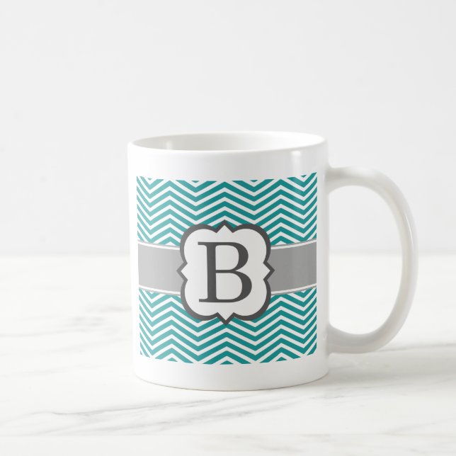 Teal White Monogram Letter B Chevron Coffee Mug (Right)