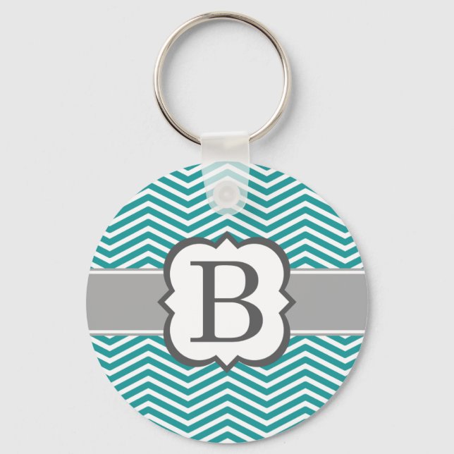 Teal White Monogram Letter B Chevron Key Ring (Front)