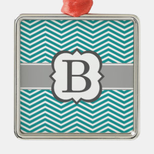 Teal White Monogram Letter B Chevron Metal Tree Decoration