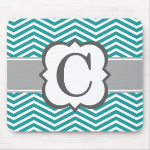 Teal White Monogram Letter C Chevron Mouse Pad