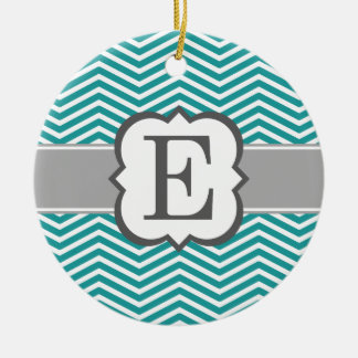 Teal White Monogram Letter E Chevron Ceramic Tree Decoration