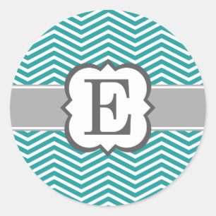 Teal White Monogram Letter E Chevron Classic Round Sticker