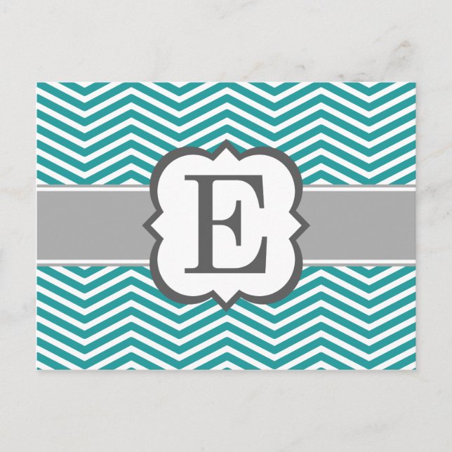 Teal White Monogram Letter E Chevron Postcard (Front)