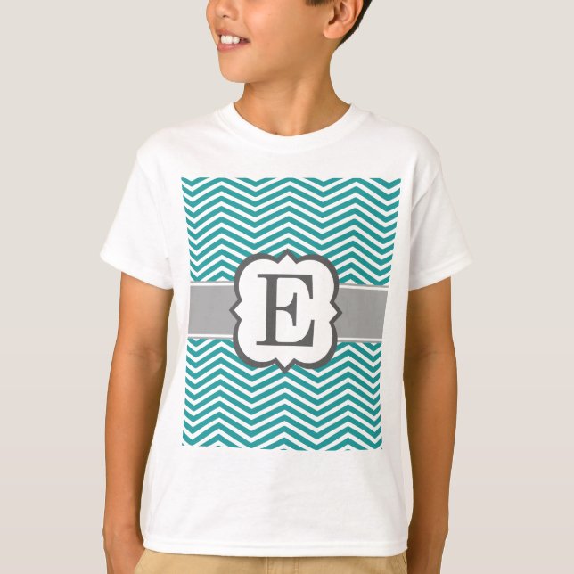 Teal White Monogram Letter E Chevron T-Shirt (Front)