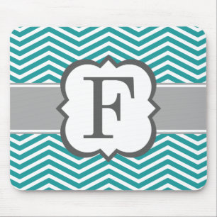 Teal White Monogram Letter F Chevron Mouse Pad