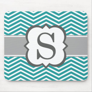 Teal White Monogram Letter S Chevron Mouse Pad