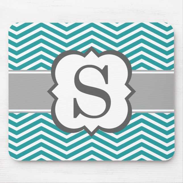 Teal White Monogram Letter S Chevron Mouse Pad (Front)