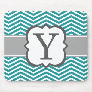 Teal White Monogram Letter Y Chevron Mouse Pad