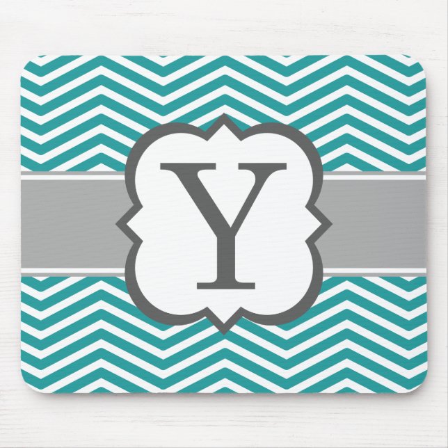 Teal White Monogram Letter Y Chevron Mouse Pad (Front)