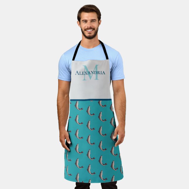 Teal White Monogram Name Trout pattern Apron (Worn)