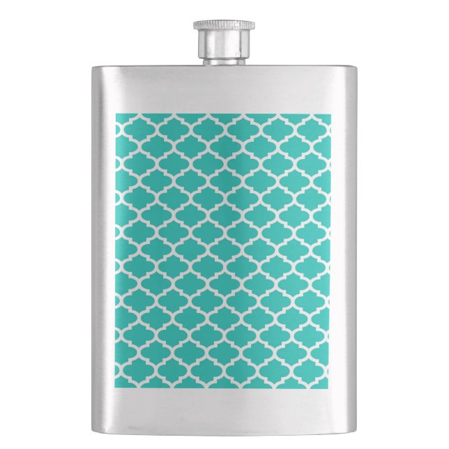 Teal White Moroccan Quatrefoil Trellis Pattern #2 Hip Flask (Front)