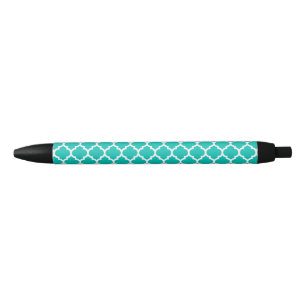 Teal White Moroccan Quatrefoil Trellis Pattern #5 Black Ink Pen
