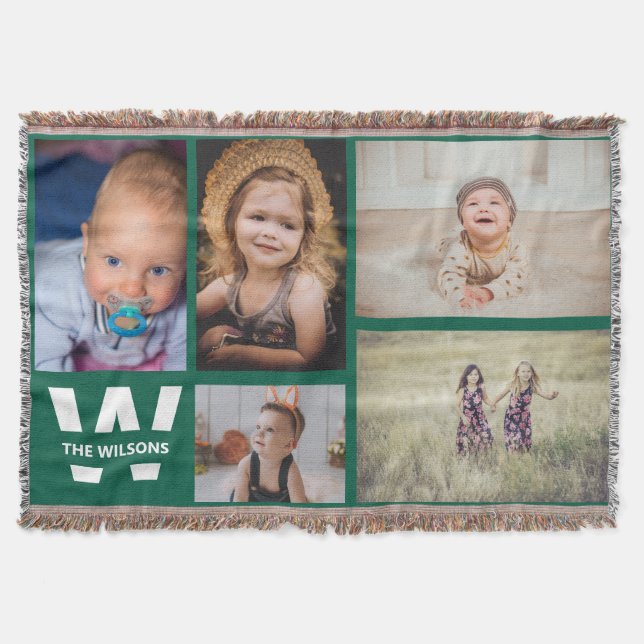 Teal White Multiple Photos Custom Monogram Throw Blanket (Front)