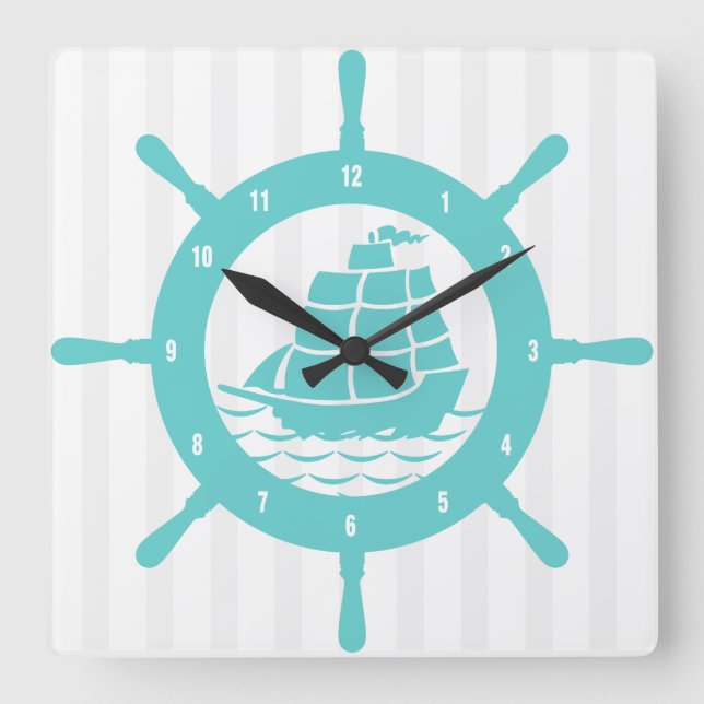 Teal & White Nautical Boat Wheel & Stripes Square Wall Clock (Front)