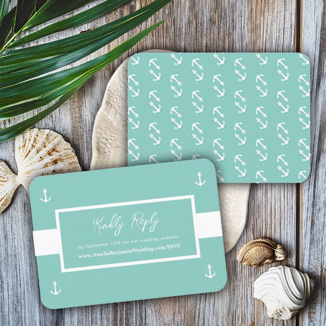 Teal White Nautical Pattern Website Wedding RSVP Enclosure Card (Creator Uploaded)