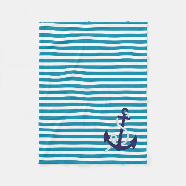 Teal White Nautical Stripes with Navy Blue Anchor Fleece Blanket (Front)
