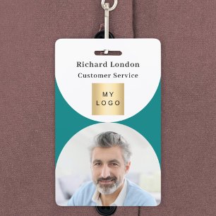 Teal white photo arch QR code business logo ID Badge