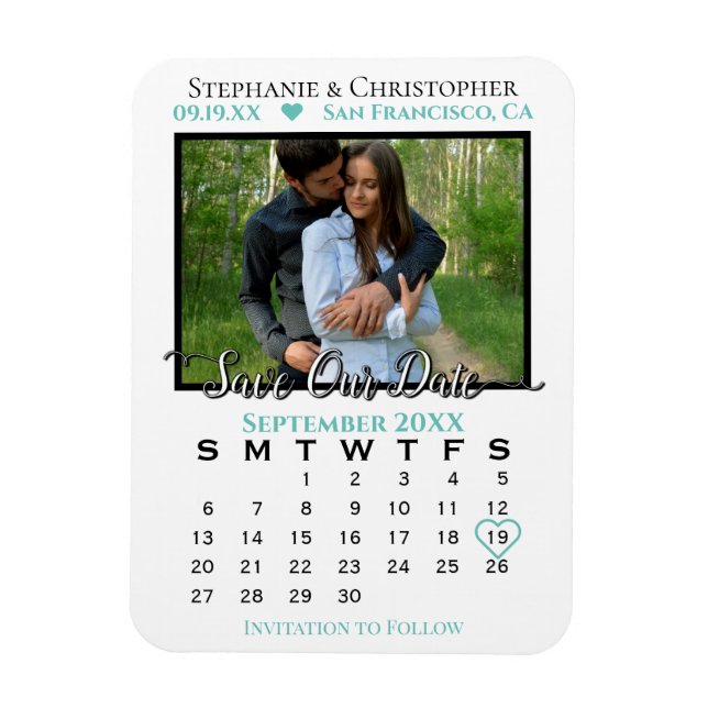 Teal & White Photo Calendar Save Our Date Wedding Magnet (Vertical)