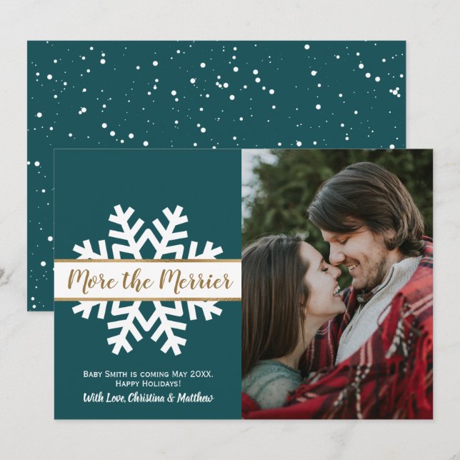 Teal White Photo Christmas Pregnancy Announcement (Front/Back)