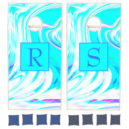 Teal White Pink Waves Monogram Abstract Pretty