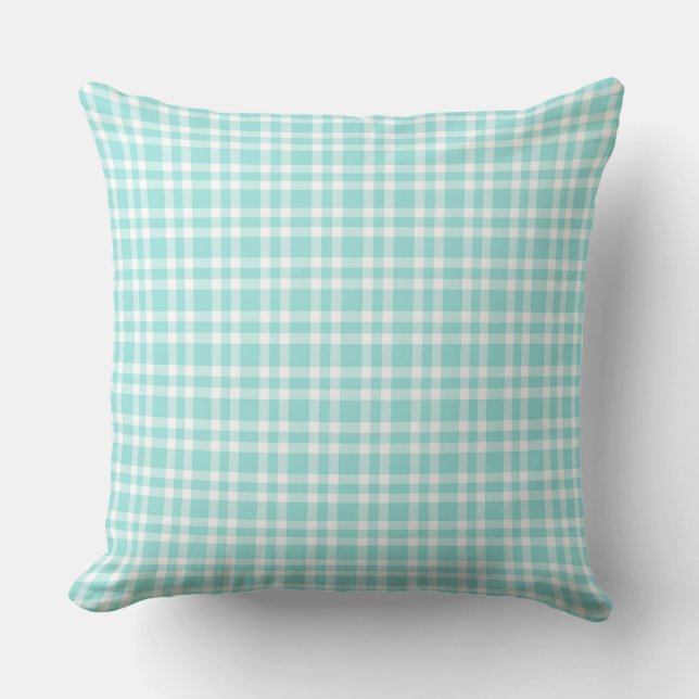 Teal White Plaid Pattern Cushion (Front)