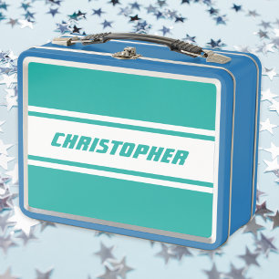 Teal White Racing Stripes Monogram Kids Boys Blue Metal Lunch Box