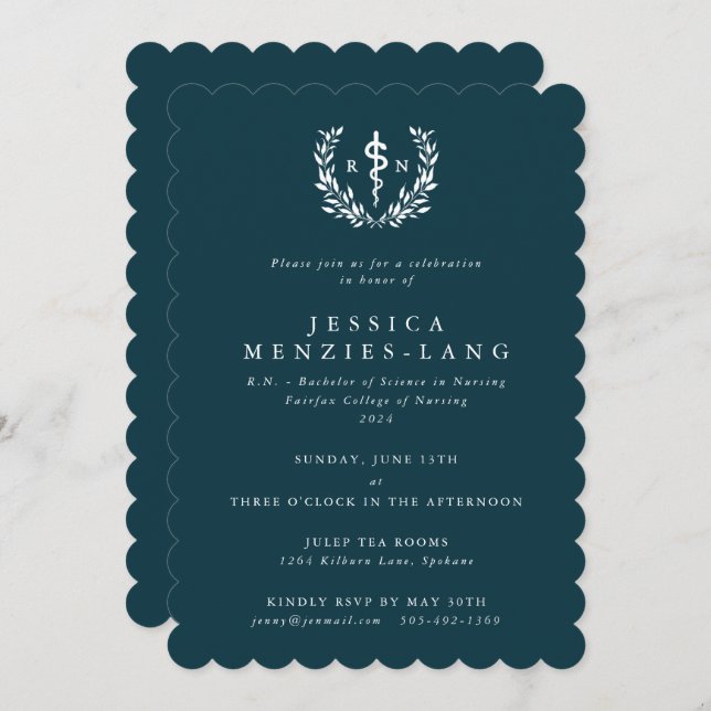 Teal/White Registered Nurse Asclepius Graduation Invitation (Front/Back)