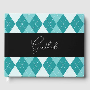 Teal & White Retro Argyle Wedding Guest Book