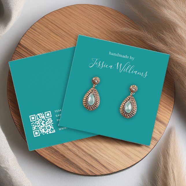 Teal White Script QR Code Earring Display Card (Creator Uploaded)