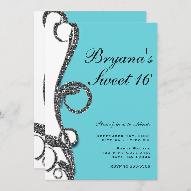 Teal White Silver Glitter Swirl Sweet 16 Party Invitation (Front/Back)