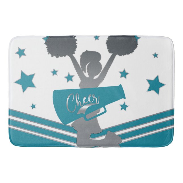 Teal White Silver Stars Cheer Cheer-leading Bath Mat (Front)