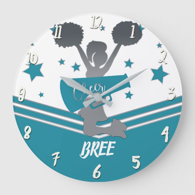 Teal White Silver Stars Cheer Cheer-leading Girls Large Clock (Front)