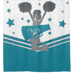 Teal White Silver Stars Cheer Cheer-leading Shower Curtain