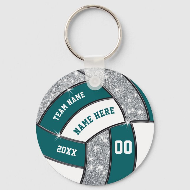 Teal, White, Silver Volleyball Keychains Your Text (Front)