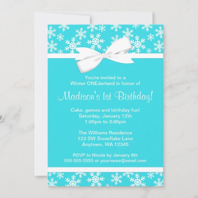 Teal White Snowflakes Bow Winter ONEderland Invitation (Front)