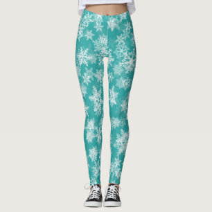 Teal & White Snowflakes Winter Wonderland Holiday Leggings